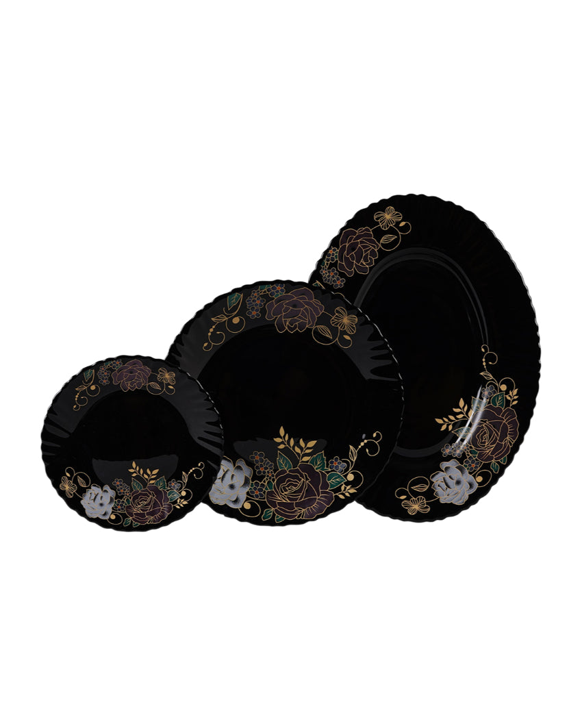 Complete Opalware Black Glossy Printed Dinner Set | Pack of 33