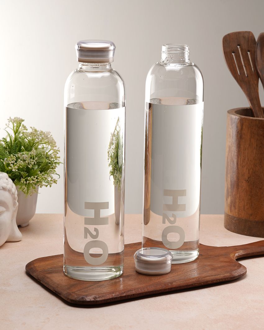 Sleek Wide Clear H2O Print Glass Bottle | Set of 2 | 1000ml