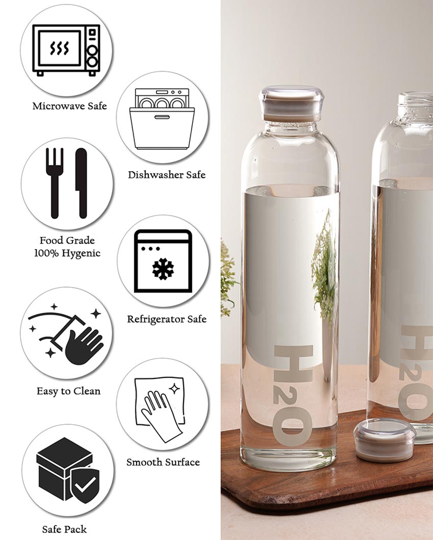 Sleek Wide Clear H2O Print Glass Bottle | Set of 2 | 1000ml