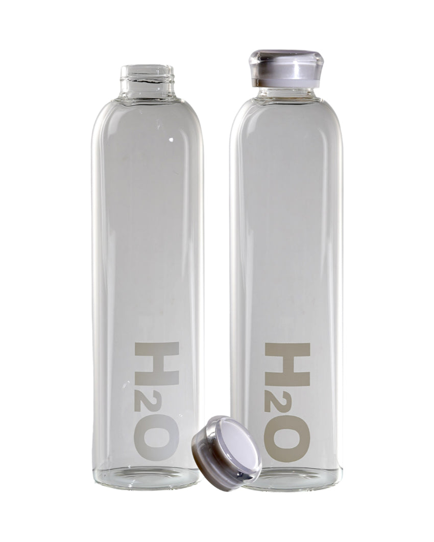 Sleek Wide Clear H2O Print Glass Bottle | Set of 2 | 1000ml