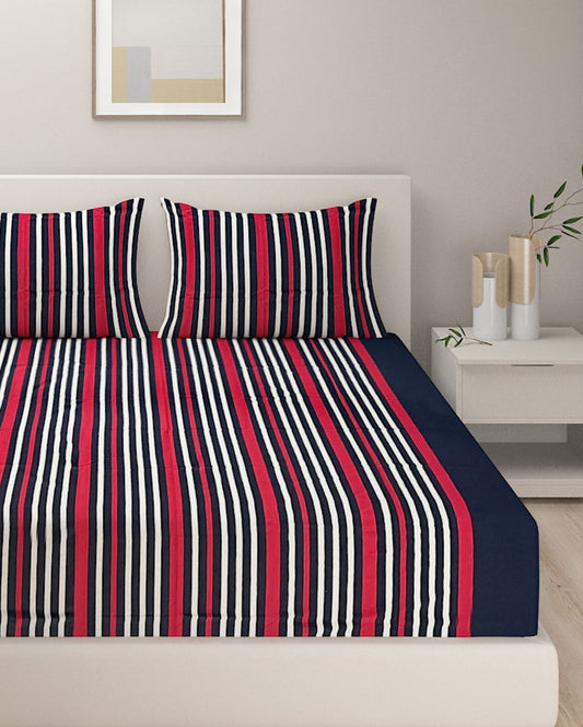 Lucia Stripes Print Cotton Bed Sheet with 2 Pillow Covers | King Size | 108 x 108 Inches