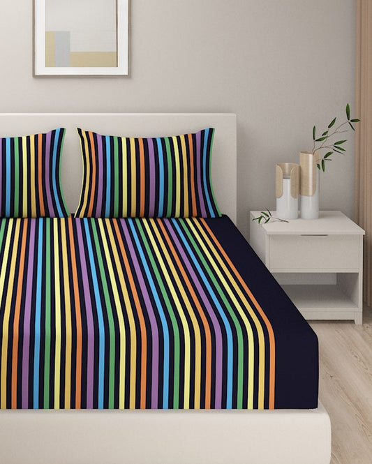 Nacy Stripes Print Cotton Bed Sheet with 2 Pillow Covers | King Size | 108 x 108 Inches