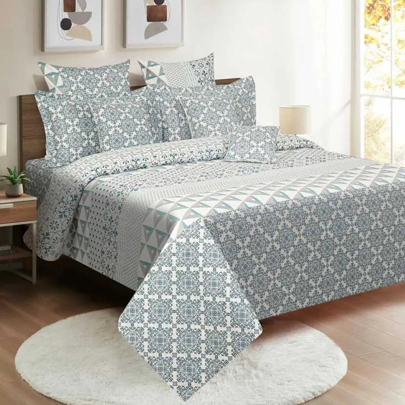Blue Color Flower Print Cotton Bedding Set King Size