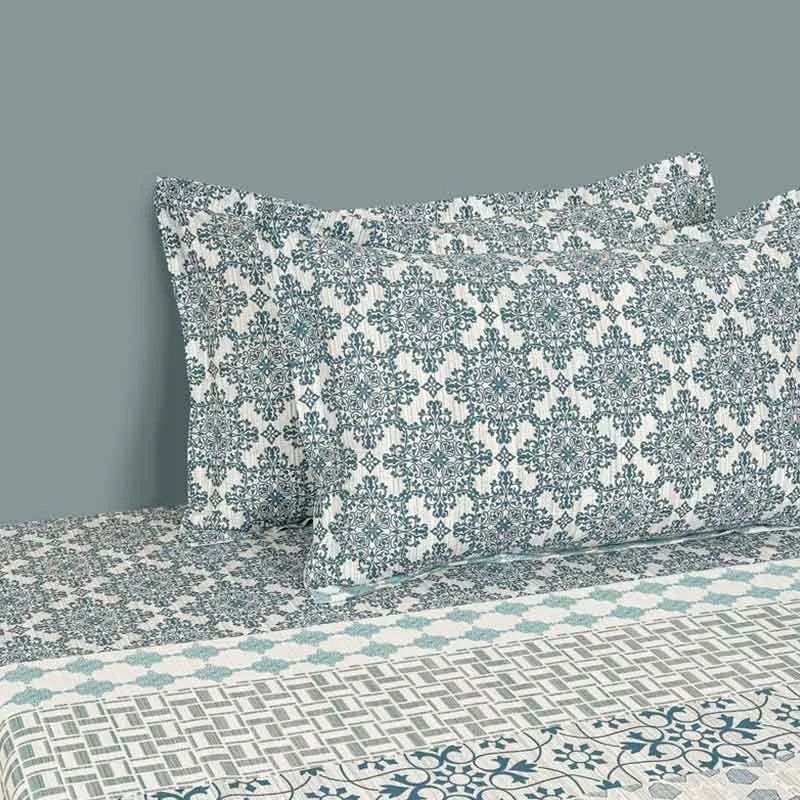 Blue Color Flower Print Cotton Bedding Set King Size