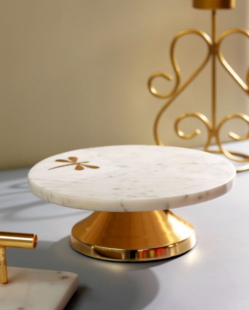 Unique White & Golden Shade Dragonfly Cake Stand | 8 x 5 inches