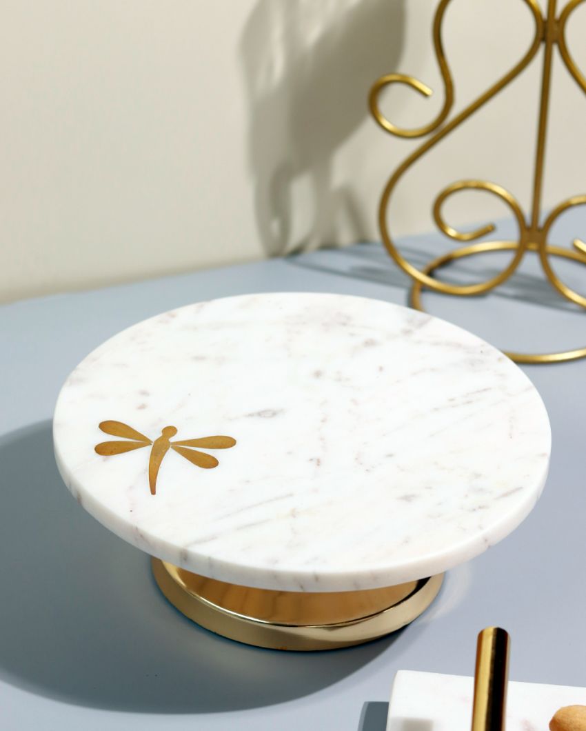 Unique White & Golden Shade Dragonfly Cake Stand | 8 x 5 inches
