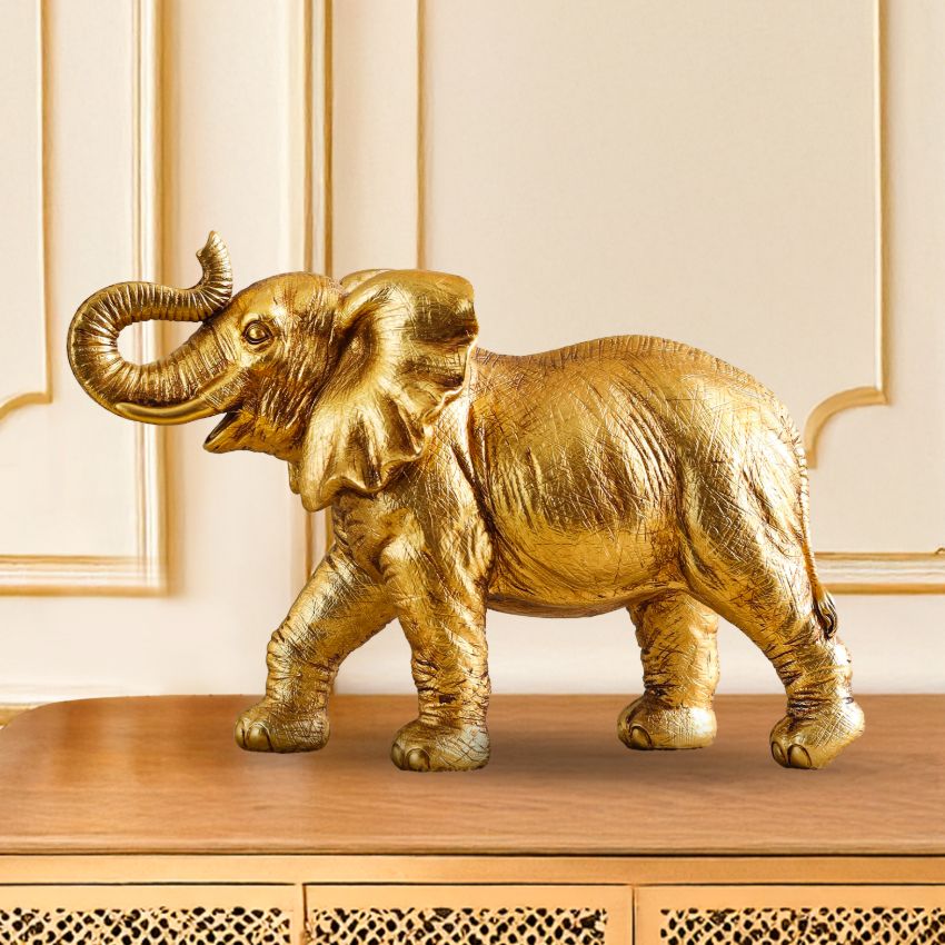Regal Golden Polyresin Elephant Showpiece | 7 x 12 inches