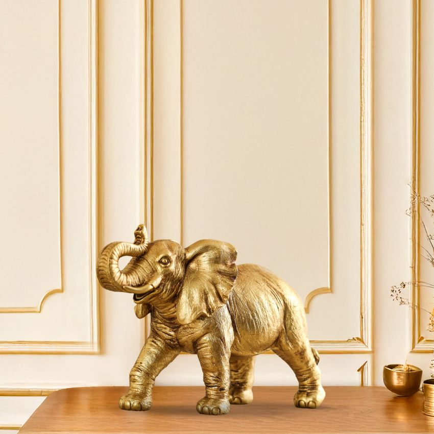 Regal Golden Polyresin Elephant Showpiece | 7 x 12 inches