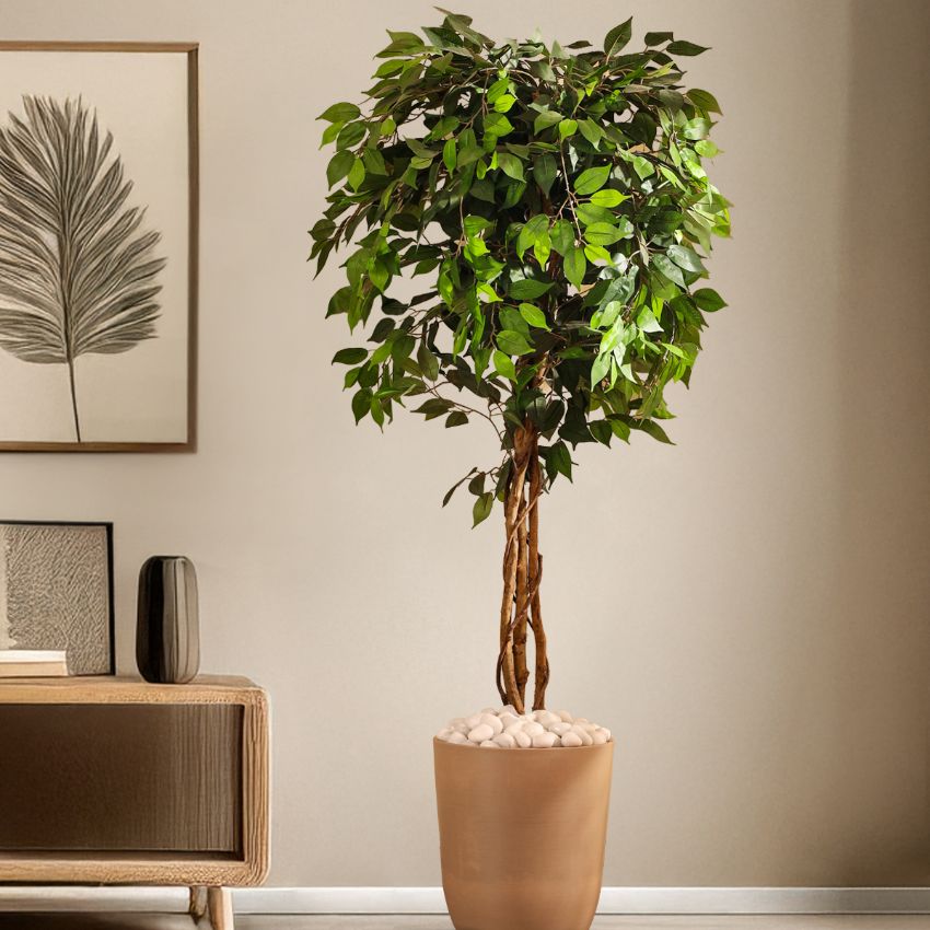 Elegant Green Artificial Ficus Plant in Black Pot