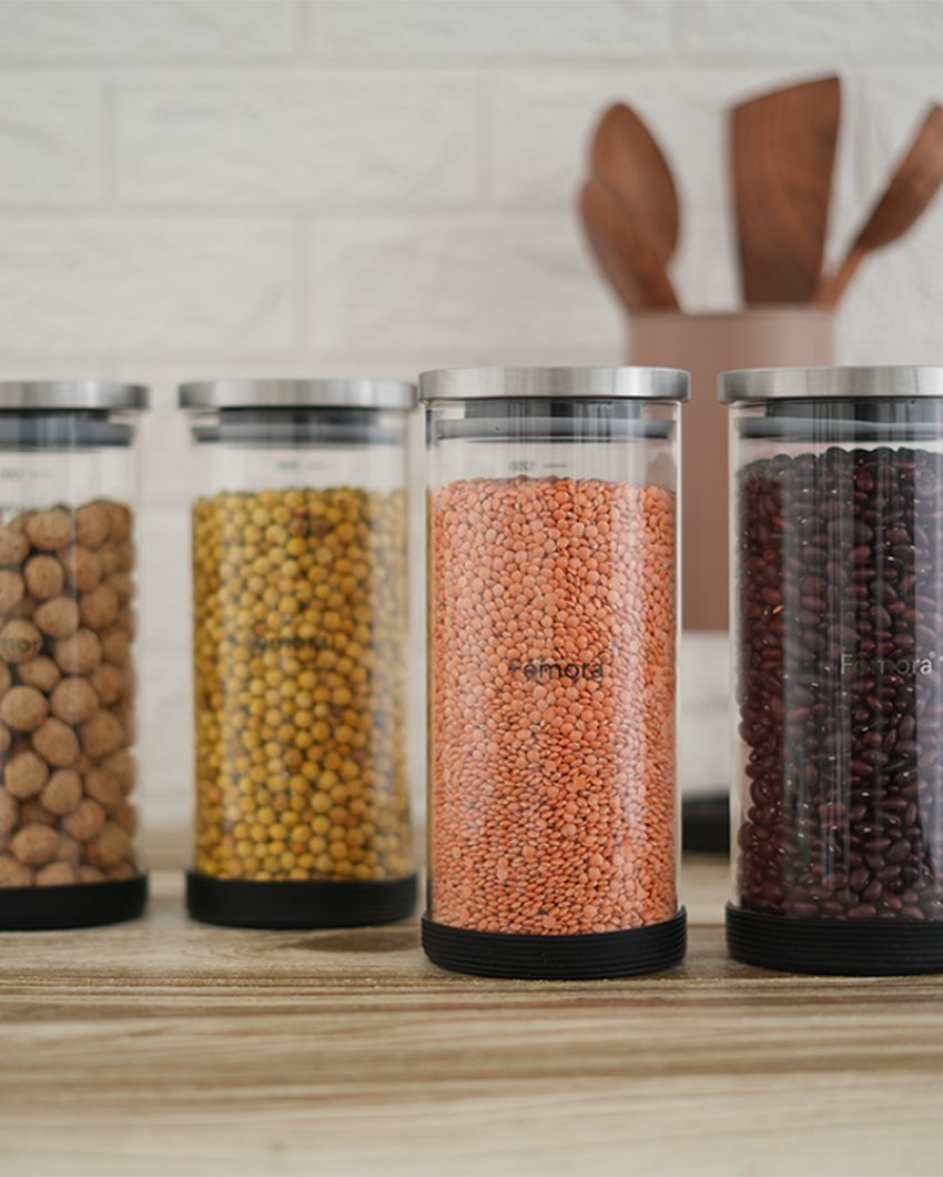 Versely Round Borosilicate Glass Jar for Kitchen Storage Containers with SS Lid | 1300ml Set Of 4