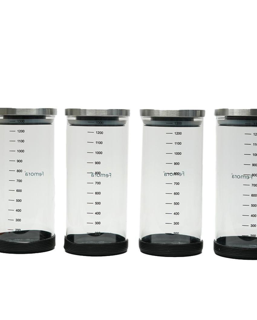 Versely Round Borosilicate Glass Jar for Kitchen Storage Containers with SS Lid | 1300ml Set Of 4