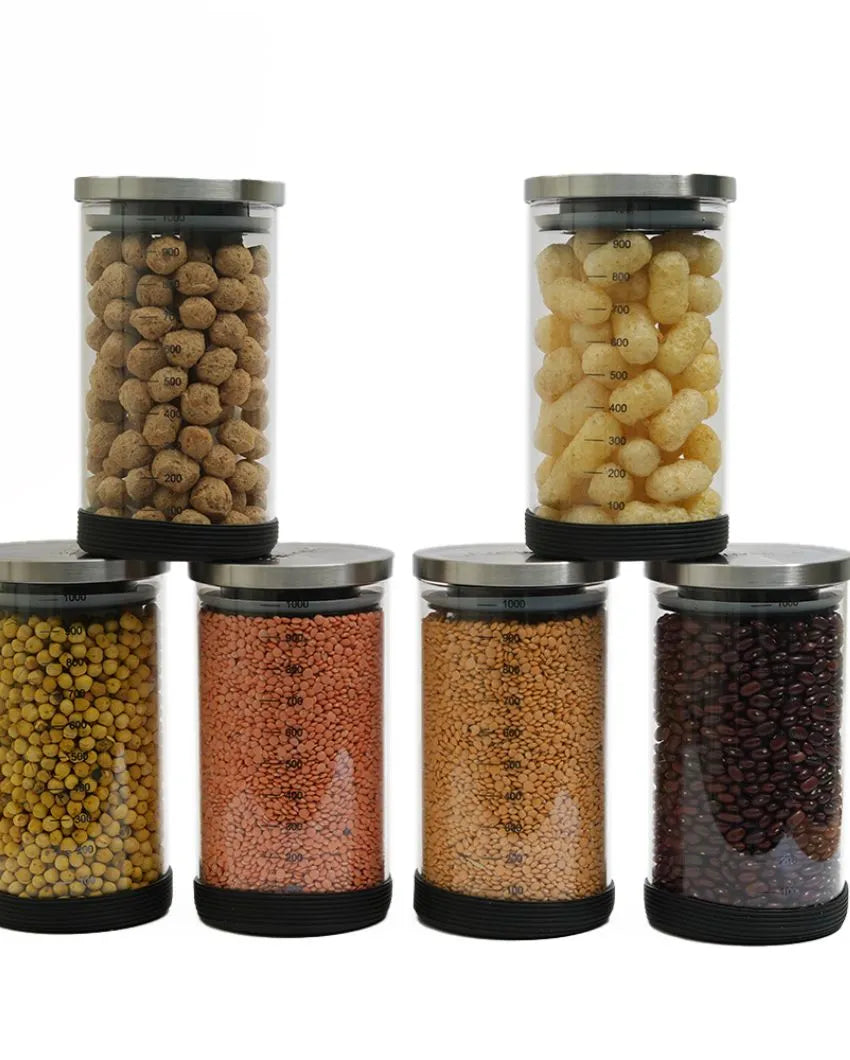 Versely Round Borosilicate Glass Jar for Kitchen Storage Containers with SS Lid | 1300ml Set Of 6