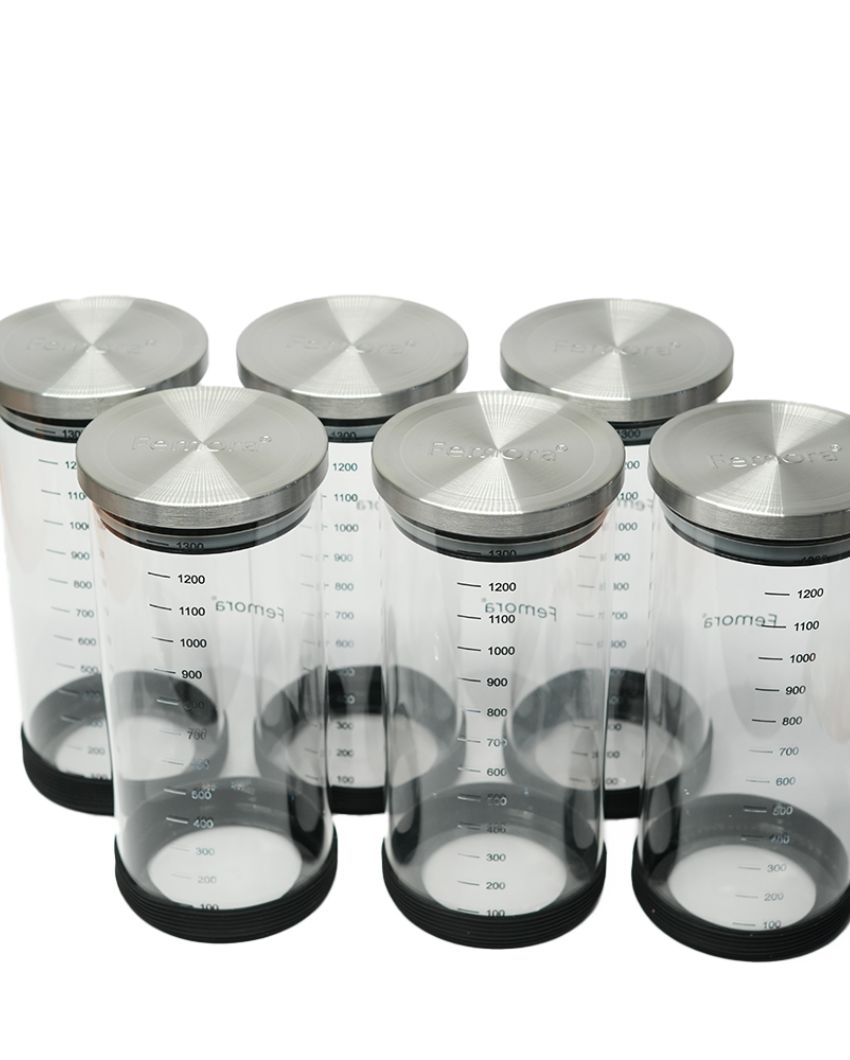 Versely Round Borosilicate Glass Jar for Kitchen Storage Containers with SS Lid | 1300ml Set Of 6