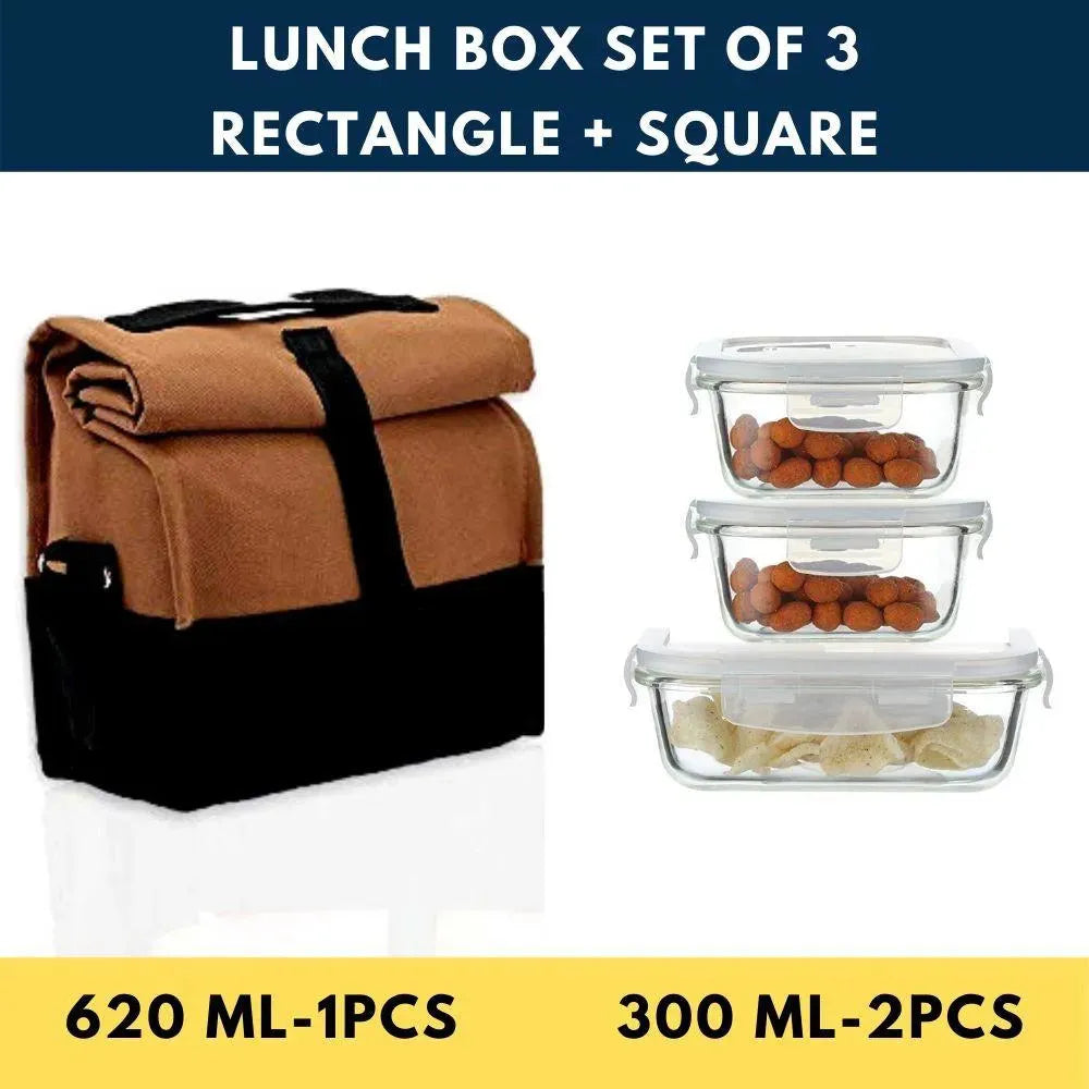 Glass Container Lunch Box | Set of 3 (1 Rectangle + 2 Round)