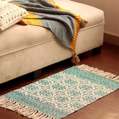 Patterned Blue Fringed Accent Floor Mat | 34 x 21 inches