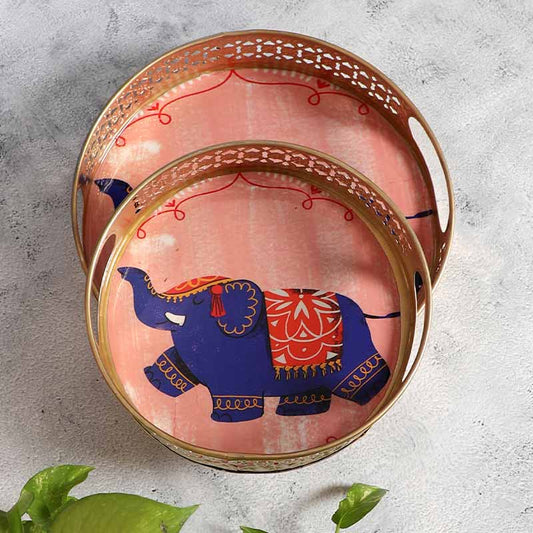 Elephant Round Pink Pichwai Tray | Set Of 2 Default Title