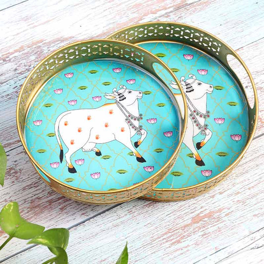 Cow Round Green Pichwai Tray | Set Of 2 Default Title
