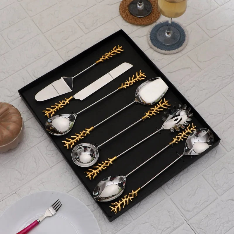 Gold Stem & Silver Steel Servers | Set of 8