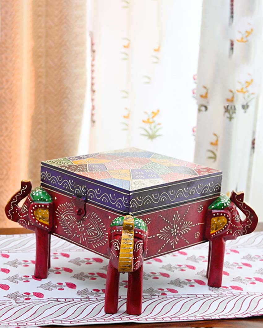 Elephant Wisdom Box Multicolor Wooden Box | 8 x 8 x 6 inches
