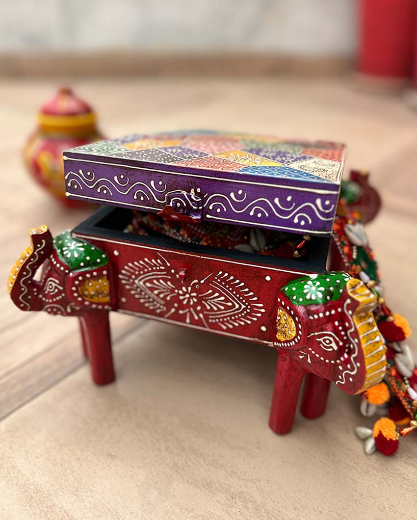 Elephant Wisdom Box Multicolor Wooden Box | 8 x 8 x 6 inches