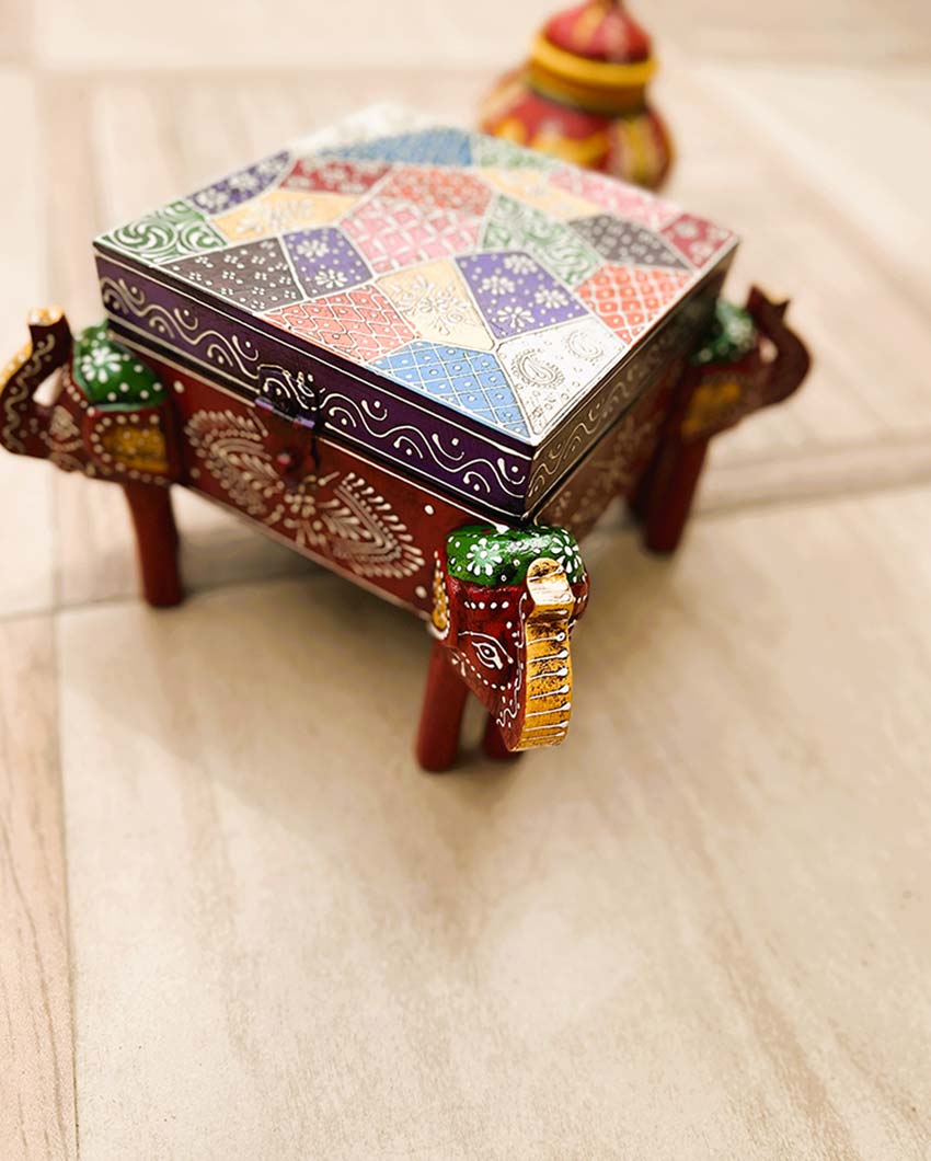 Elephant Wisdom Box Multicolor Wooden Box | 8 x 8 x 6 inches