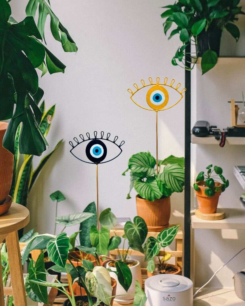 Blue and Yellow Evil Eye Metal Stick Garden Stake For Garden Decor | 6 x 24 inches