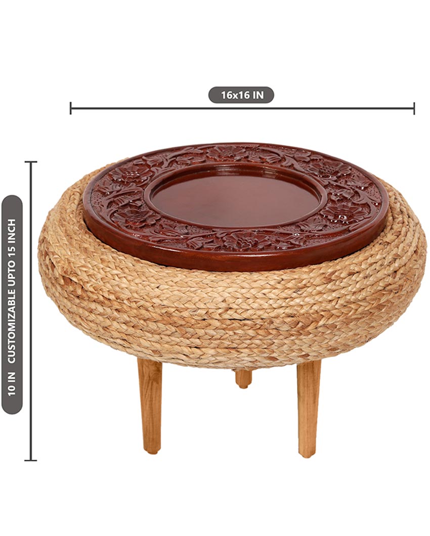 Honey Buzzard Brown Carved Wood & Jute Accent Stool | 16 x 10 inches