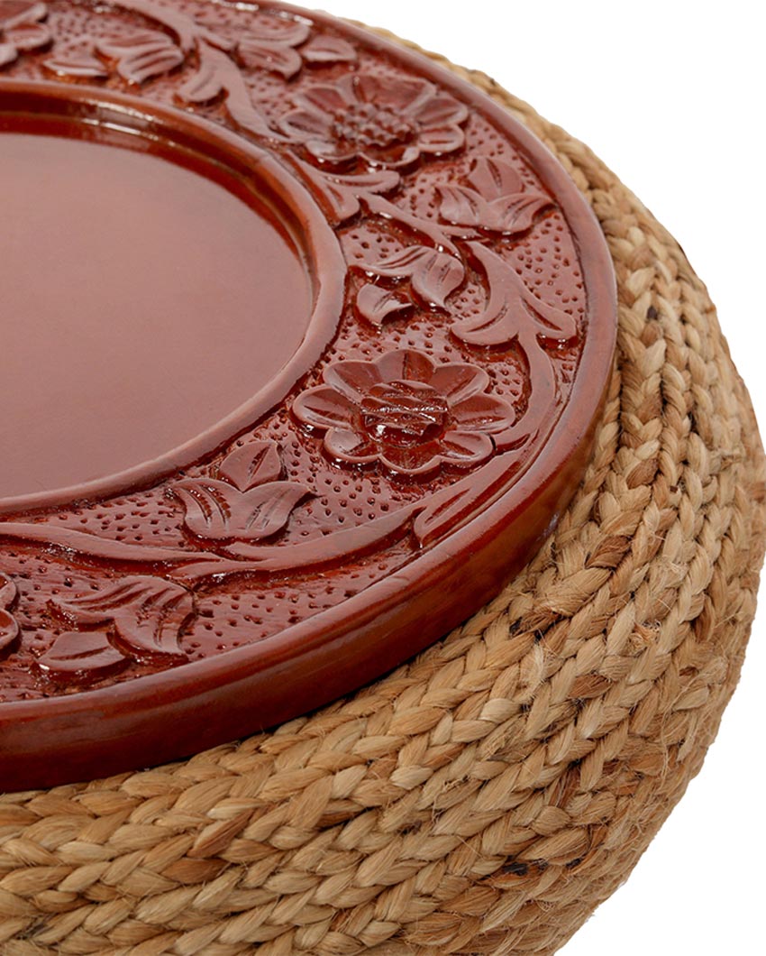 Honey Buzzard Brown Carved Wood & Jute Accent Stool | 16 x 10 inches