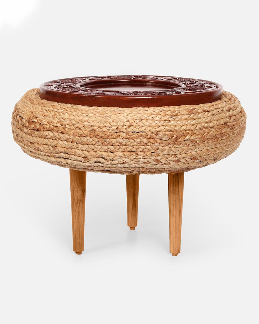 Honey Buzzard Brown Carved Wood & Jute Accent Stool | 16 x 10 inches