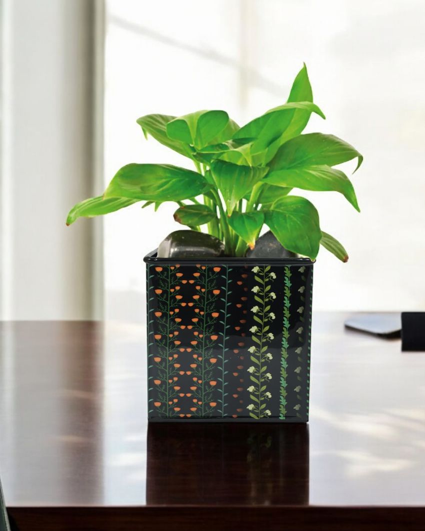 Modern Floral Printed Square Shape Metal Planter Desk Pot | 4 x 4 x 4 inches