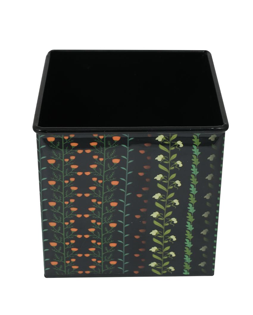 Modern Floral Printed Square Shape Metal Planter Desk Pot | 4 x 4 x 4 inches