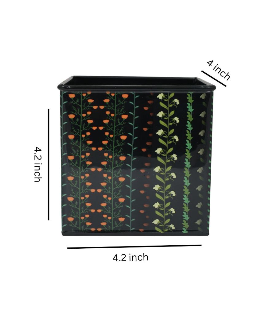 Modern Floral Printed Square Shape Metal Planter Desk Pot | 4 x 4 x 4 inches