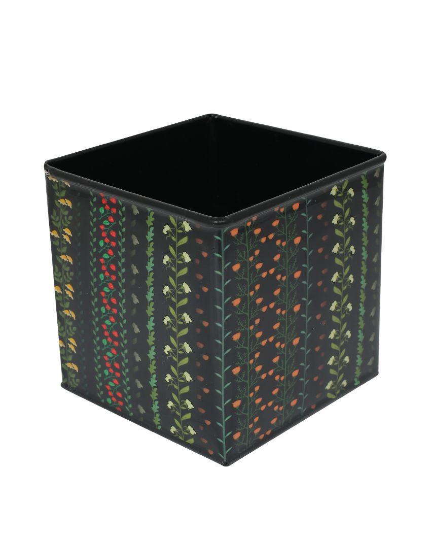 Modern Floral Printed Square Shape Metal Planter Desk Pot | 4 x 4 x 4 inches