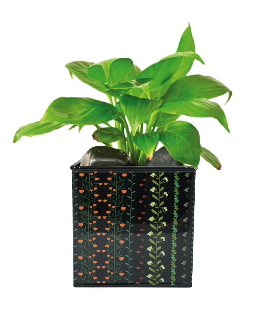 Modern Floral Printed Square Shape Metal Planter Desk Pot | 4 x 4 x 4 inches