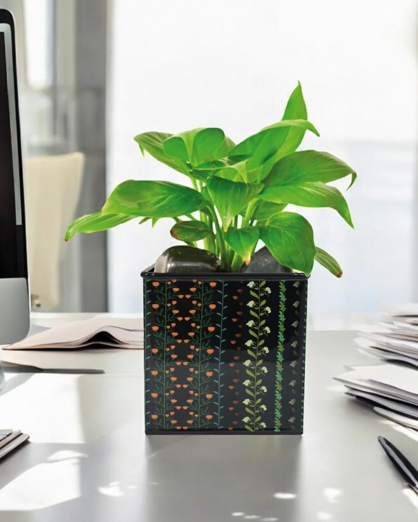 Modern Floral Printed Square Shape Metal Planter Desk Pot | 4 x 4 x 4 inches