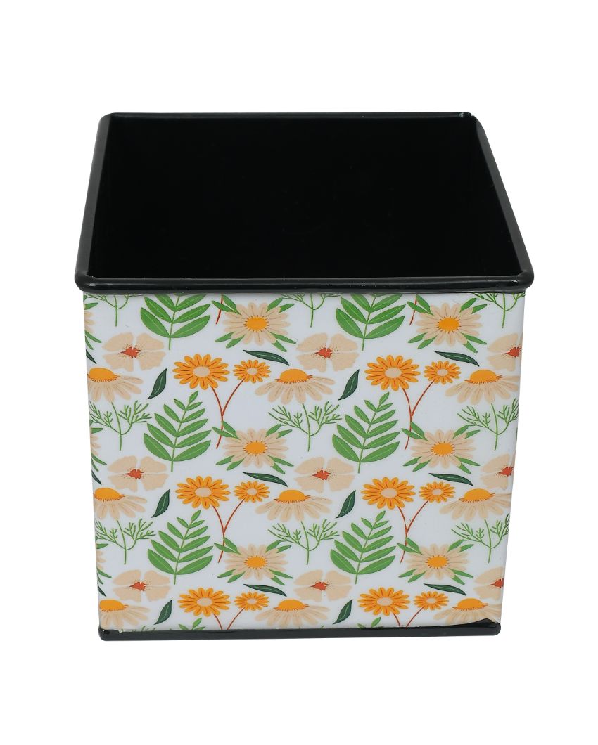 Floral Printed Square Shape Metal Planter Desk Pot | 4 x 4 x 4 inches