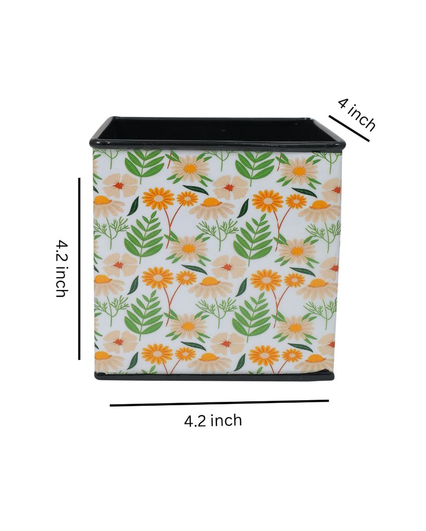 Floral Printed Square Shape Metal Planter Desk Pot | 4 x 4 x 4 inches