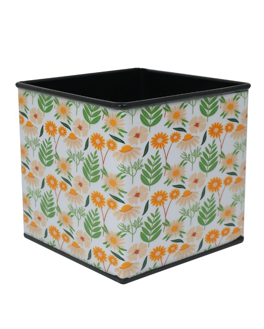 Floral Printed Square Shape Metal Planter Desk Pot | 4 x 4 x 4 inches