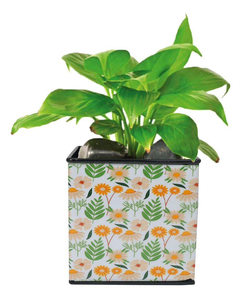 Floral Printed Square Shape Metal Planter Desk Pot | 4 x 4 x 4 inches