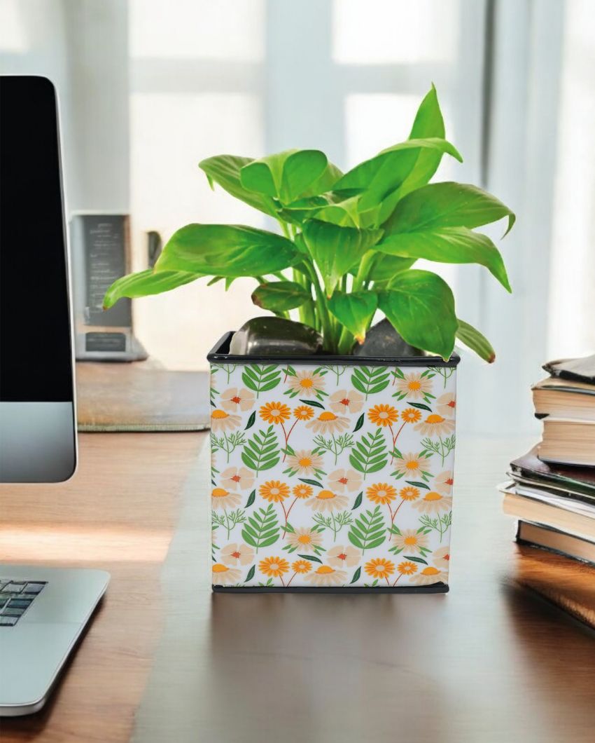Floral Printed Square Shape Metal Planter Desk Pot | 4 x 4 x 4 inches