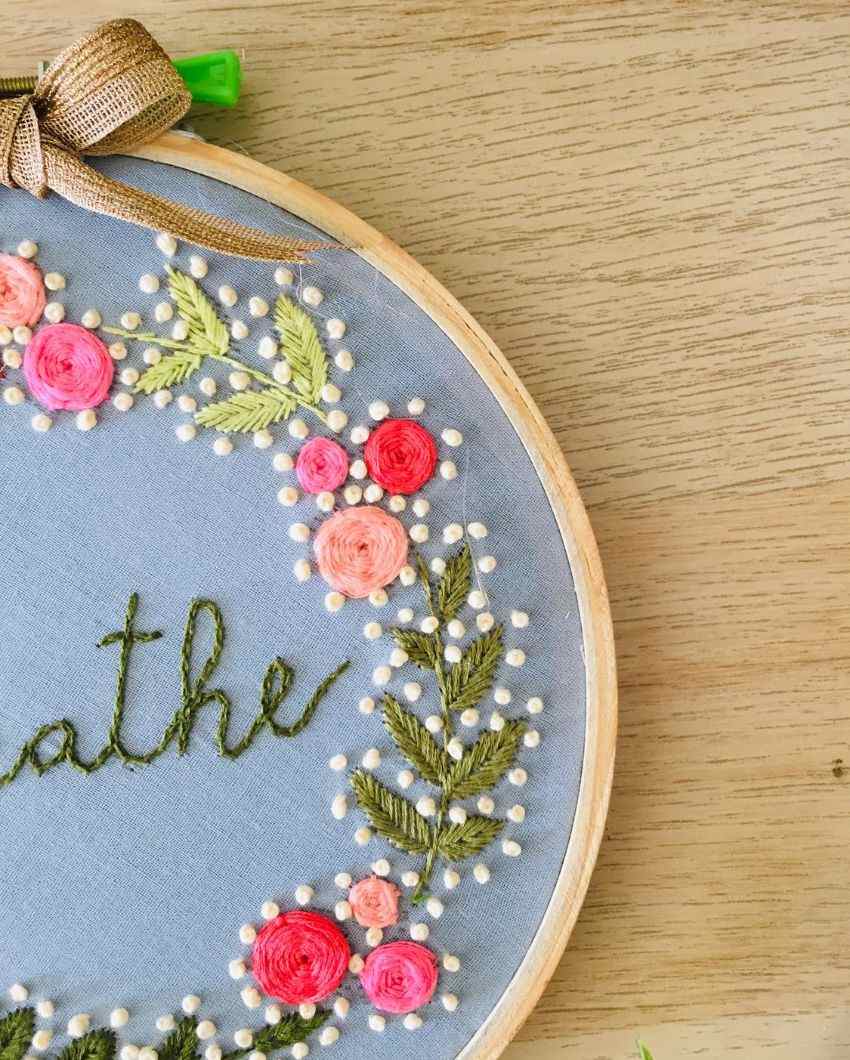 Breathe Text Embroidery Floral Design Hoop With Bow | 8 inches