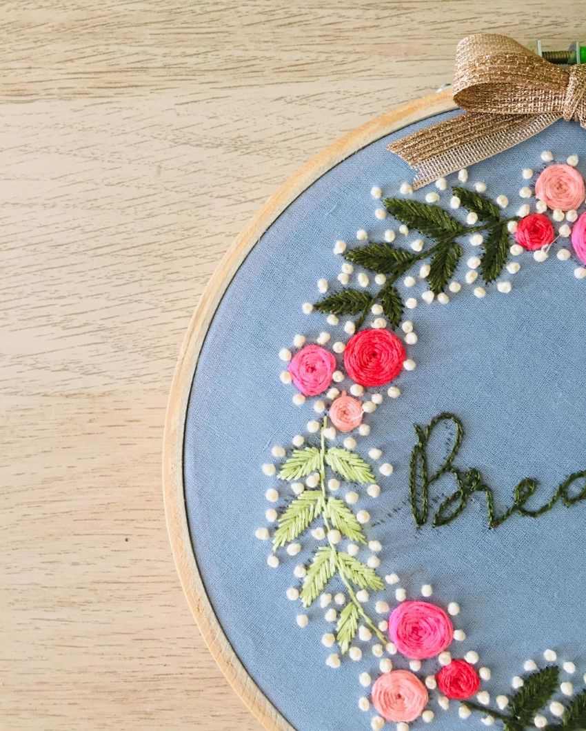 Breathe Text Embroidery Floral Design Hoop With Bow | 8 inches
