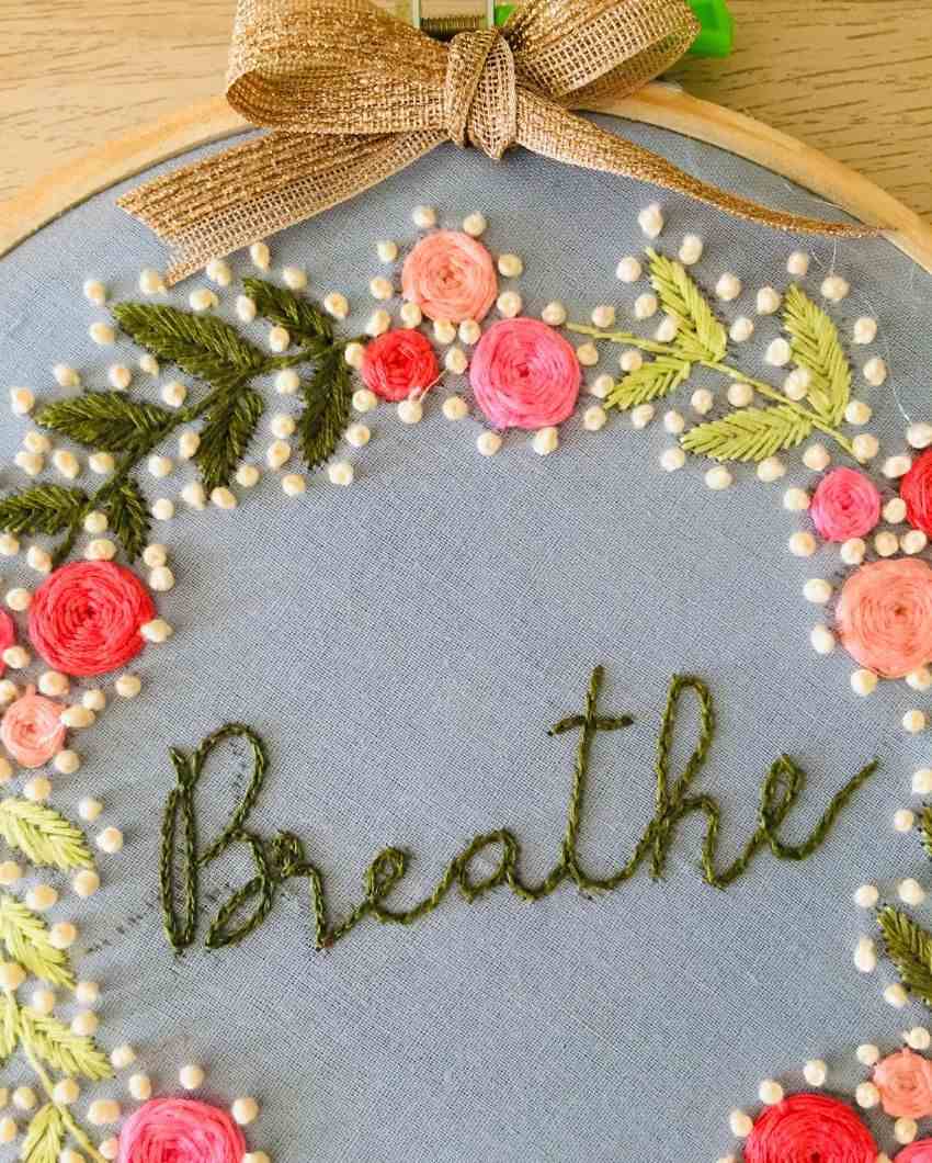 Breathe Text Embroidery Floral Design Hoop With Bow | 8 inches
