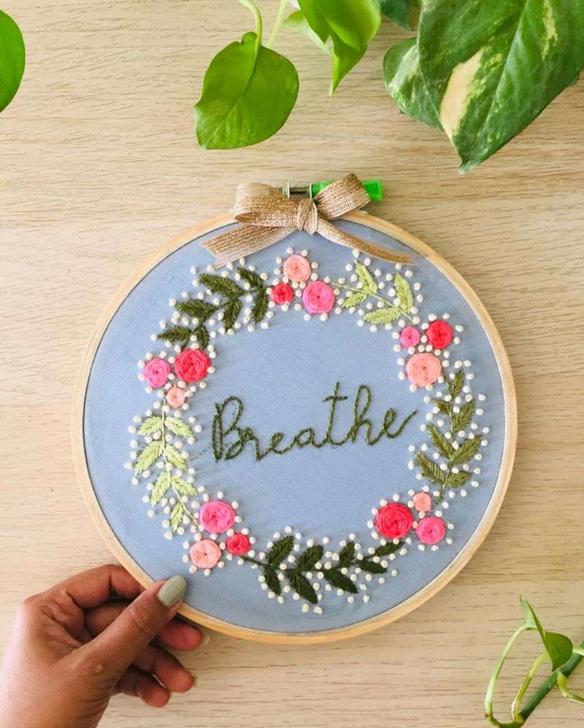 Breathe Text Embroidery Floral Design Hoop With Bow | 8 inches