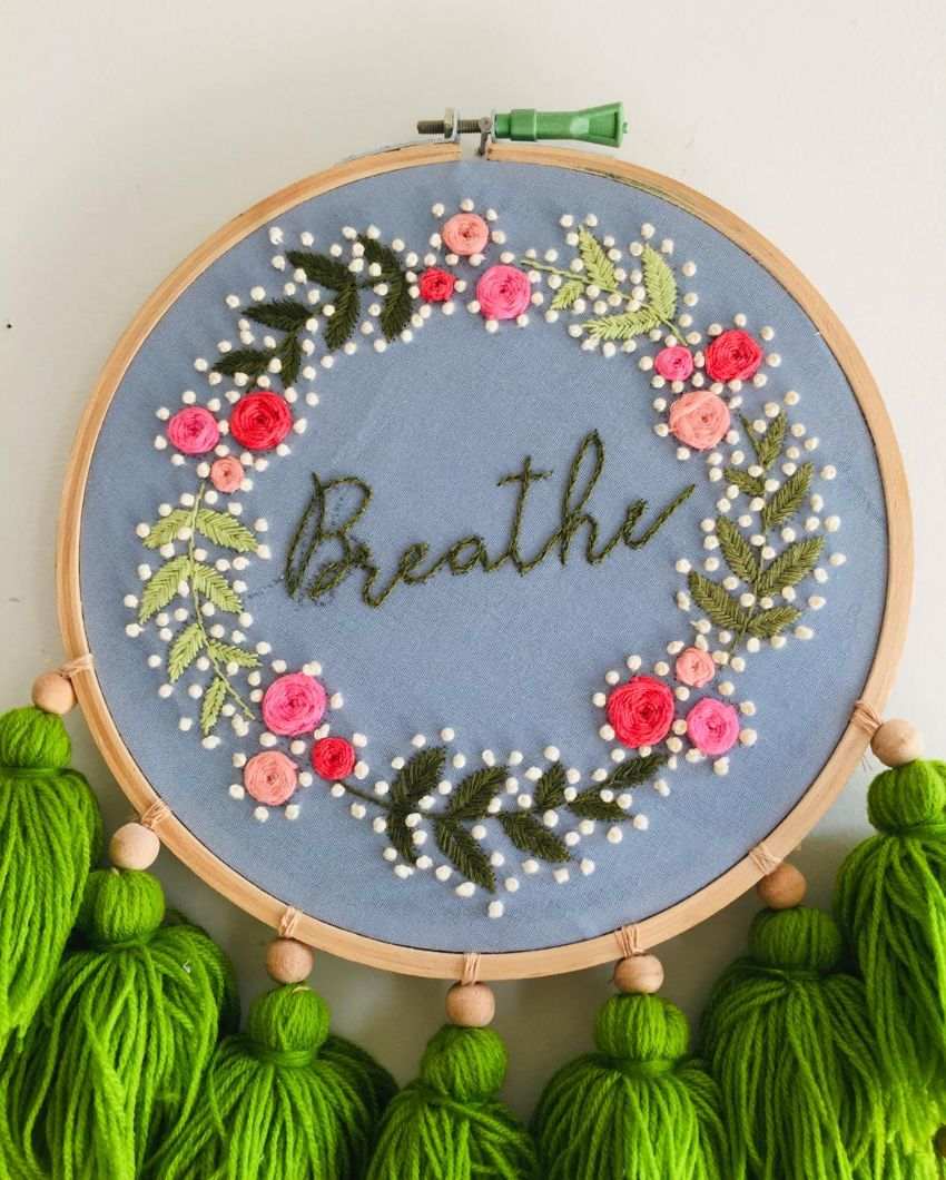 Breathe Text Embroidery Floral Design Hoop With Tassels | 8 x 21 inches