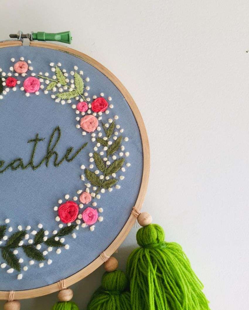 Breathe Text Embroidery Floral Design Hoop With Tassels | 8 x 21 inches