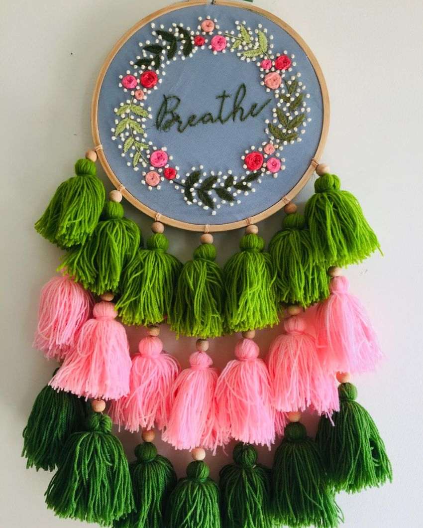 Breathe Text Embroidery Floral Design Hoop With Tassels | 8 x 21 inches