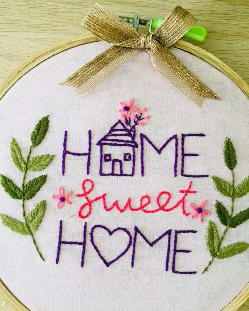 Home Sweet Home Embroidery Floral Design Hoop With Bow | 8 inches