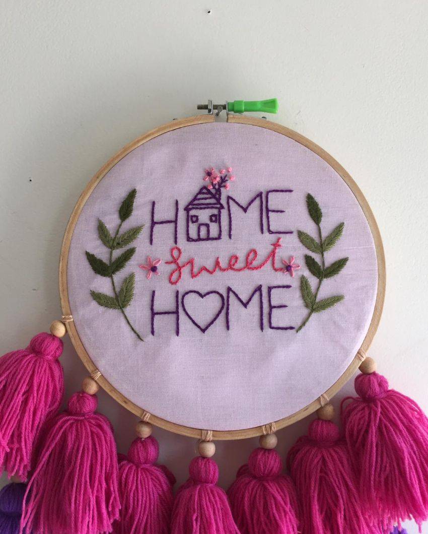 Home Sweet Home Embroidery Floral Design Hoop With Tassels | 8 x 21 inches