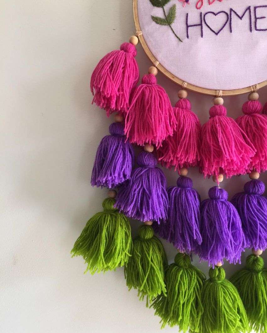 Home Sweet Home Embroidery Floral Design Hoop With Tassels | 8 x 21 inches